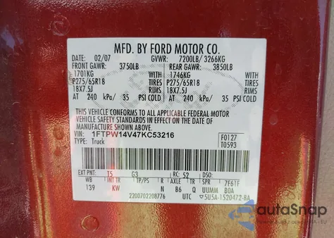 2007 Ford F-150 Fx4/Lariat/Xlt z USA, uszkodzony, nr VIN 1FTPW14V47KC53216